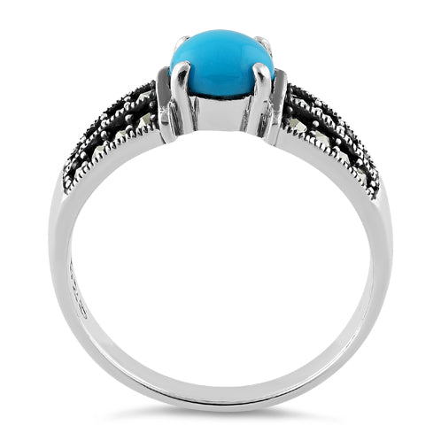 Sterling Silver Round Simulated Turquoise Marcasite Ring