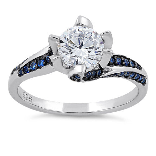 Sterling Silver Round Cut Clear & Blue Spinel CZ Ring