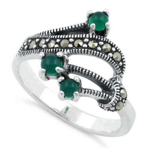 Sterling Silver Round Green Agate Abstract Marcasite Ring