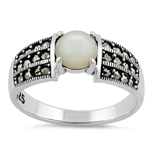 Sterling Silver Round Mother of Pearl Marcasite Ring