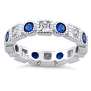 Sterling Silver Round & Princess Cut Eternity Blue Spinel & Clear CZ Ring