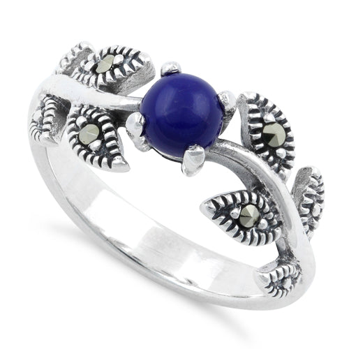 Sterling Silver Round Blue Lapis Leaves Marcasite Ring
