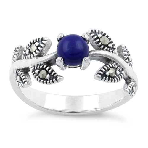 Sterling Silver Round Blue Lapis Leaves Marcasite Ring