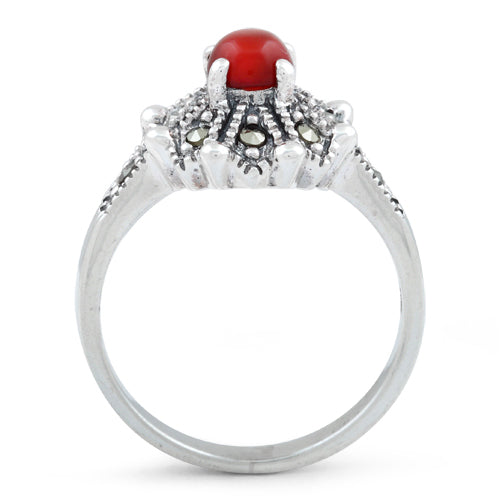 Sterling Silver Round Red Agate Flower Marcasite Ring