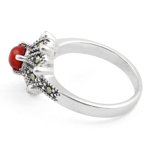 Sterling Silver Round Red Agate Flower Marcasite Ring