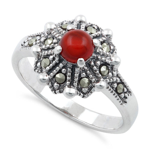 Sterling Silver Round Red Agate Flower Marcasite Ring