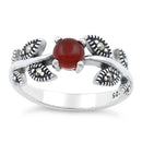 Sterling Silver Round Red Agate Leaves Marcasite Ring