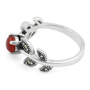 Sterling Silver Round Red Agate Leaves Marcasite Ring