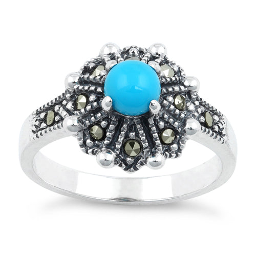 Sterling Silver Round Simulated Turquoise Flower Marcasite Ring