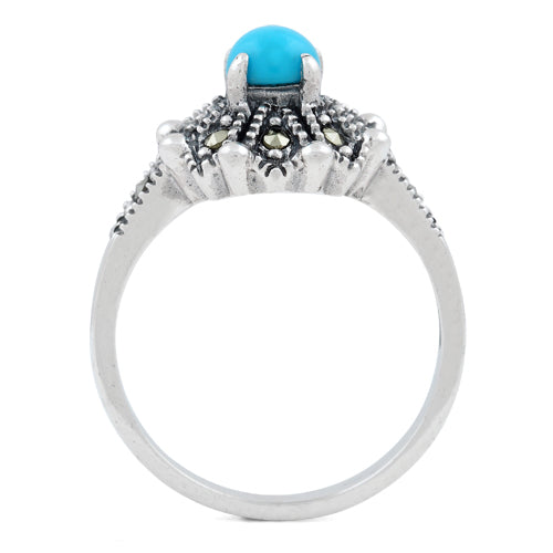 Sterling Silver Round Simulated Turquoise Flower Marcasite Ring