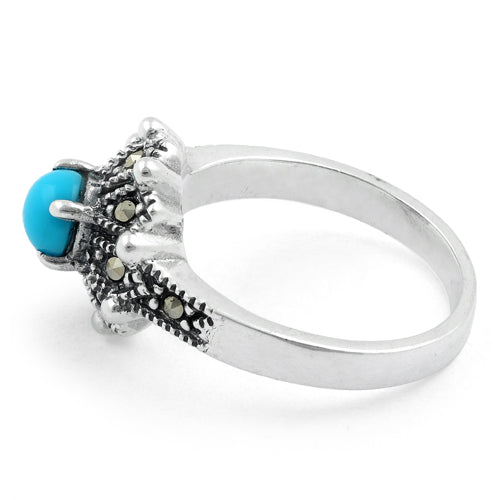 Sterling Silver Round Simulated Turquoise Flower Marcasite Ring