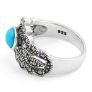 Sterling Silver Round Simulated Turquoise Tiara Marcasite Ring