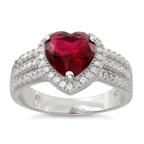 Sterling Silver Ruby Heart CZ Ring