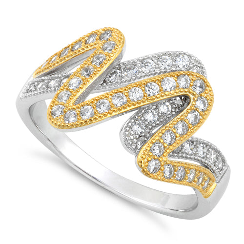 Sterling Silver Scribble Two-tone Gold Plated CZ Ring