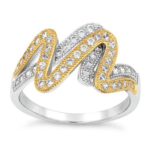 Sterling Silver Scribble Two-tone Gold Plated CZ Ring