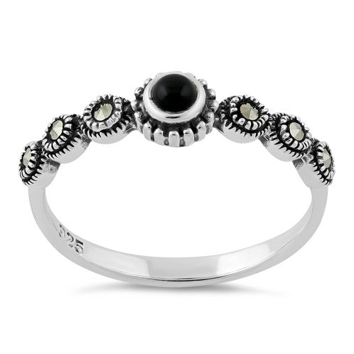 Sterling Silver Small Round Black Onyx Marcasite Ring