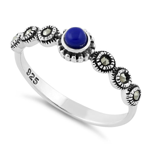 Sterling Silver Small Round Blue Lapis Marcasite Ring