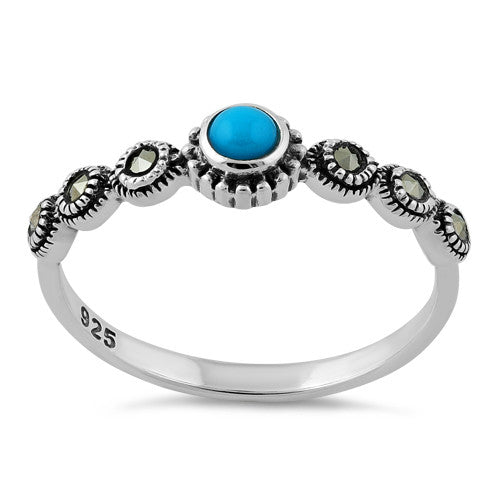 Sterling Silver Small Round Simulated Turquoise Marcasite Ring