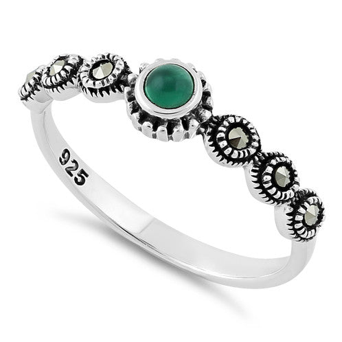 Sterling Silver Small Round Emerald Marcasite Ring