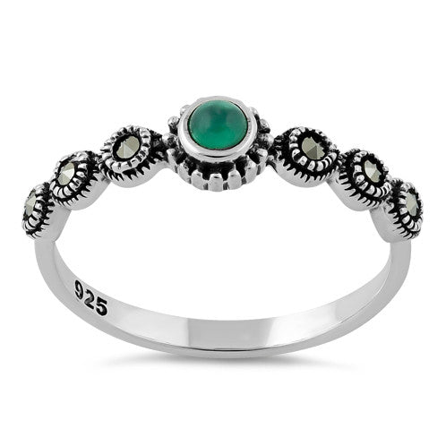 Sterling Silver Small Round Emerald Marcasite Ring