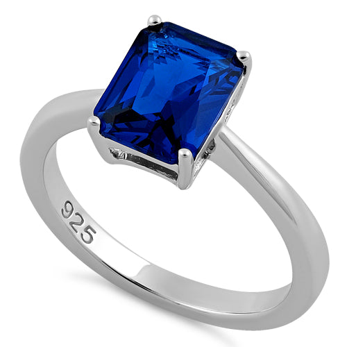 Sterling Silver Solitaire Emerald Cut Blue Spinel CZ Ring