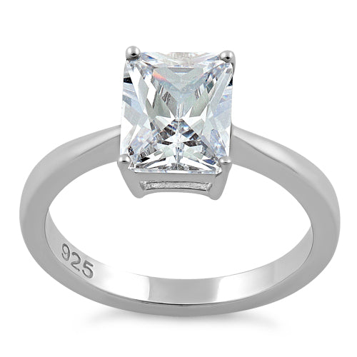 Sterling Silver Solitaire Emerald Cut Clear CZ Ring