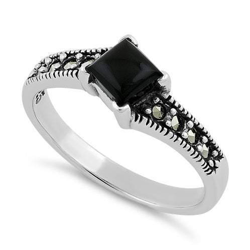 Sterling Silver Square Black Onyx Marcasite Ring