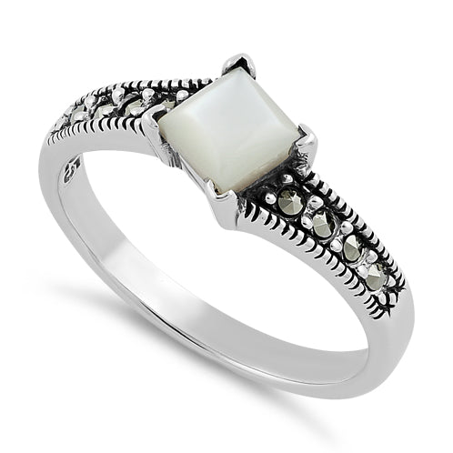 Sterling Silver Square Mother of Pearl Marcasite Ring