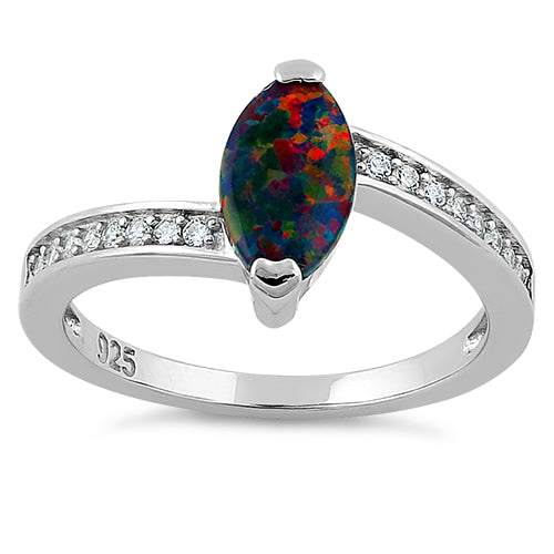 Sterling Silver Stylish Black Lab Opal Marquise Cut & Clear CZ Ring