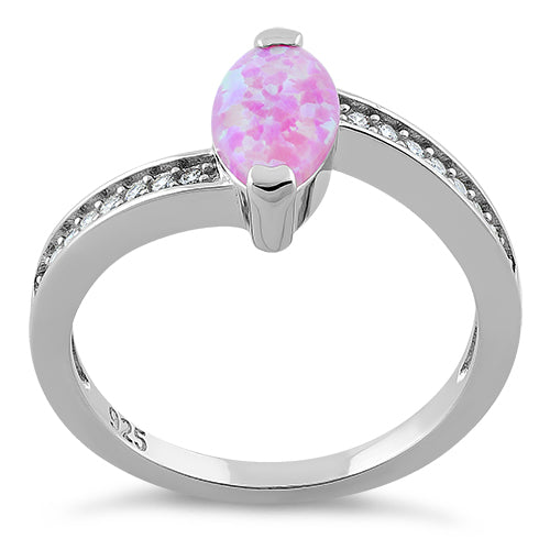 Sterling Silver Stylish Pink Lab Opal Marquise Cut & Clear CZ Ring