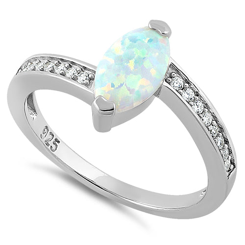 Sterling Silver Stylish White Lab Opal Marquise Cut & Clear CZ Ring