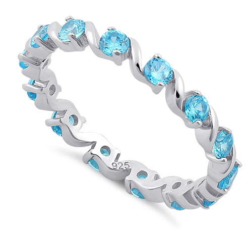 Sterling Silver Swirl Aqua Blue Topaz Eternity CZ Ring