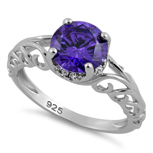 Sterling Silver Swirl Design Amethyst and Clear CZ Ring