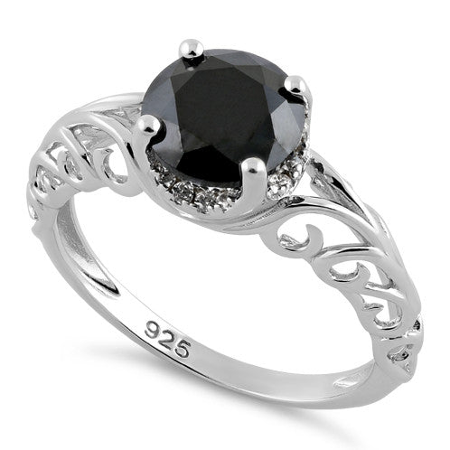 Sterling Silver Swirl Design Black and Clear CZ Ring