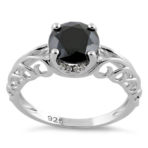 Sterling Silver Swirl Design Black and Clear CZ Ring