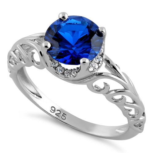 Sterling Silver Swirl Design Blue Spinel and Clear CZ Ring