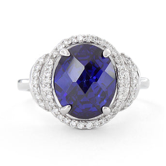 Sterling Silver Dark Blue Spinel Oval Halo CZ  Ring