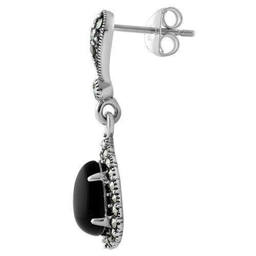 Sterling Silver Tear Drop Black Onyx Marcasite Earrings