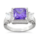 Sterling Silver Three Stone Amethyst Square CZ Ring