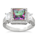 Sterling Silver Three Stone Rainbow Topaz Square CZ Ring