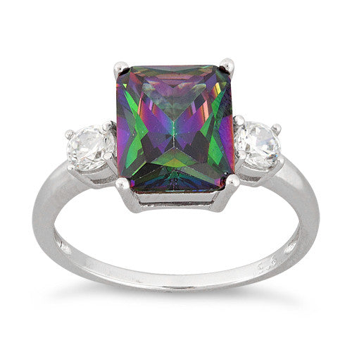 Sterling Silver Triple Rectangular Rainbow Topaz CZ Ring