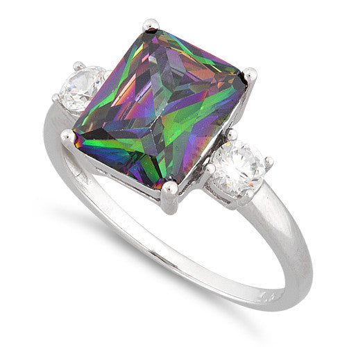 Sterling Silver Triple Rectangular Rainbow Topaz CZ Ring