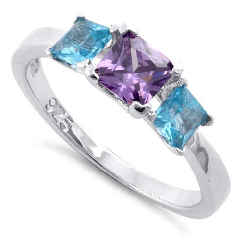 Sterling Silver Triple Square Amethyst & Blue Topaz CZ Ring