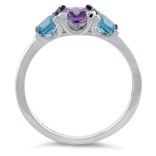 Sterling Silver Triple Square Amethyst & Blue Topaz CZ Ring