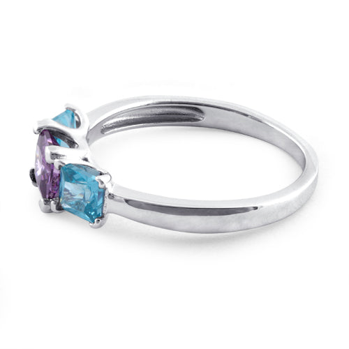 Sterling Silver Triple Square Amethyst & Blue Topaz CZ Ring