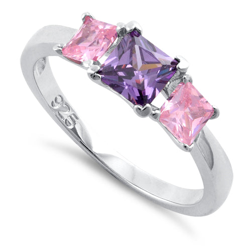 Sterling Silver Triple Square Amethyst & Pink CZ Ring