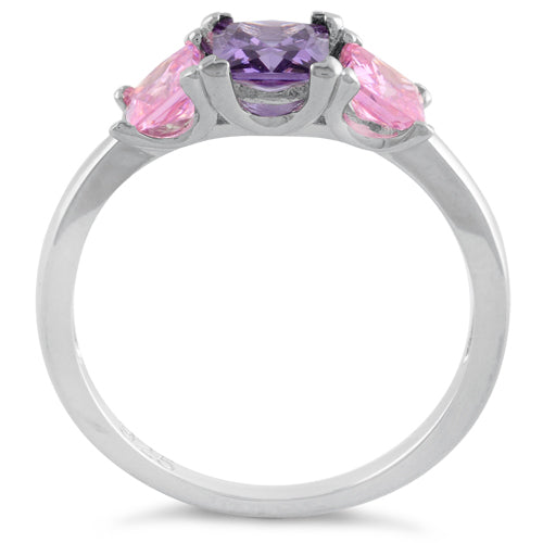 Sterling Silver Triple Square Amethyst & Pink CZ Ring