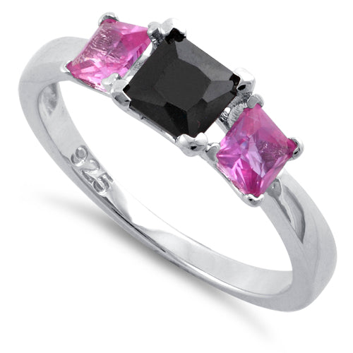 Sterling Silver Triple Square Black & Pink CZ Ring