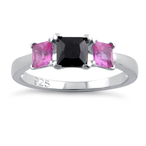 Sterling Silver Triple Square Black & Pink CZ Ring