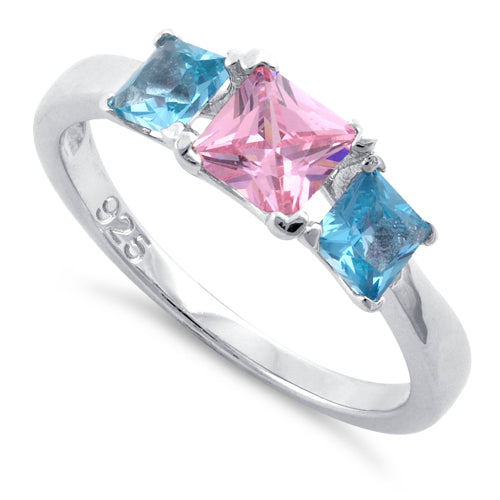 Sterling Silver Triple Square Pink & Blue Topaz CZ Ring